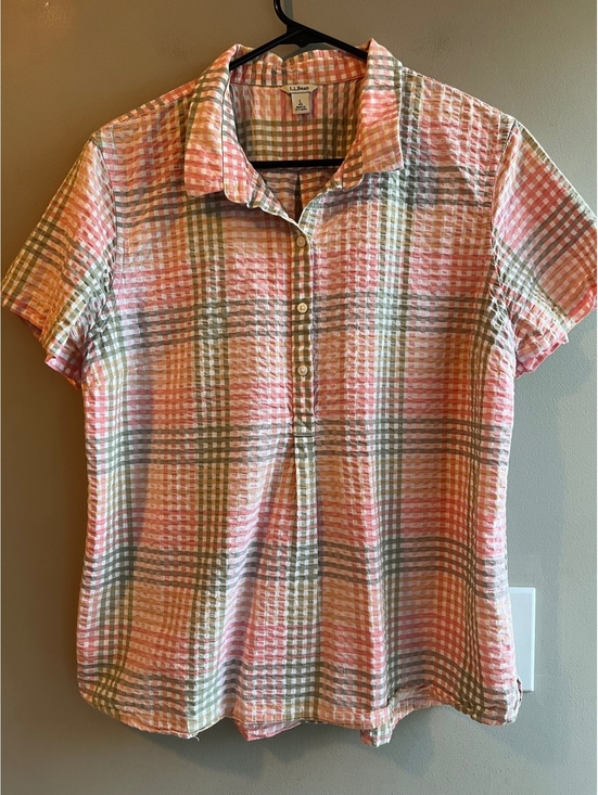 L.L. Bean Tops - L.L.Bean Vacationland Seersucker Short Sleeve Popover Plaid Shirt Pink Green